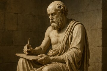 Ancient Philosopher Contemplating Ideas with Pen and Tablet