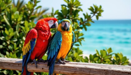 Obraz premium Two brilliantly colored macaws, one primarily scarlet and the other a striking mix of blue and gold, perch closely together on weathered wooden planks