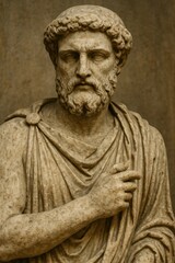 Ancient Greek Sculpture of Philosopher in Stone with Thoughtful Expression