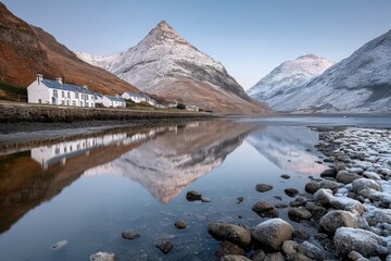 A serene landscape featuring snow-capped mountains reflecting in a calm lake, with a quaint village on the shore.