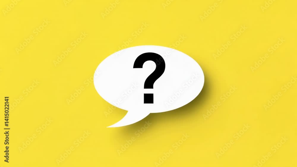 Poster multiple white speech bubbles containing black question marks appear on a vibrant yellow background,