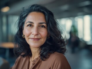A smiling woman looks directly at the camera in the soft light. She has shoulder-length dark brown hair and wears a modern office space with glass walls and a sleek casual outfit.