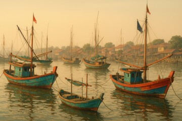 Obraz premium Colorful Fishing Boats at Dawn on Calm Water in Foggy Harbor