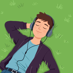 Fototapeta premium Young man relaxing on grass wearing headphones listening to music casual flat style vector illustration