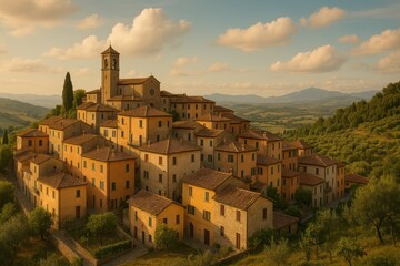 Charming Italian Village on Hilltop Surrounded by Lush Greenery