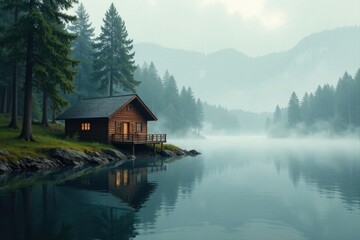 Fototapeta premium Serene Lakeside Cabin Retreat in a Misty Forest Landscape with Tranquil Waters