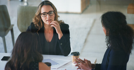 Business people, conversation and women in meeting, planning and feedback for financial report....