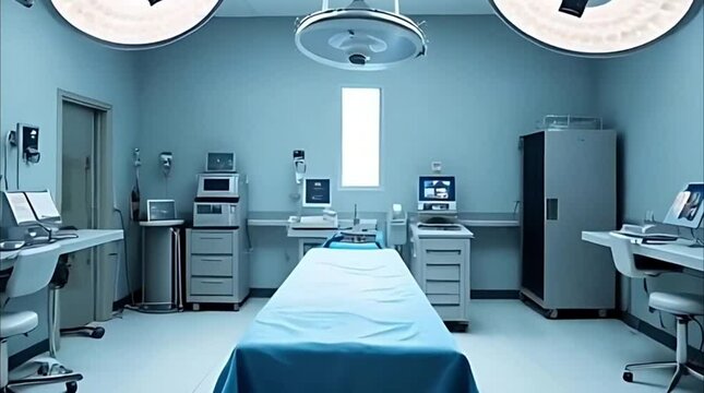 Empty operating room with advanced lighting and surgical tools