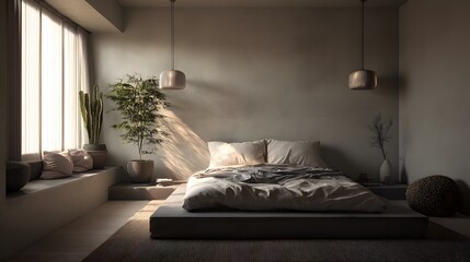 modern minimal bedroom corner with a wall sconce, framed photo, and neutral bed