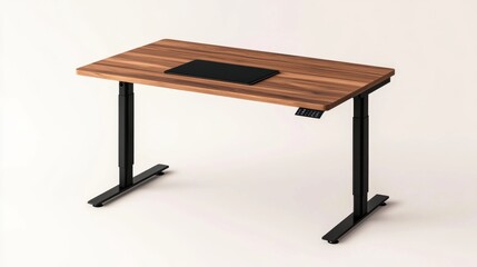 a compact smart desk clipart, tech-friendly home office furniture, minimalist style, black and walnut finish, isolated on white background