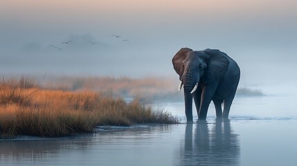 Obraz premium Majestic elephant at dawn by river