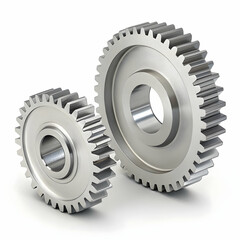 Futuristic 3d illustration of two interlocking gear wheels on a clean white background symbolizing precision, motion