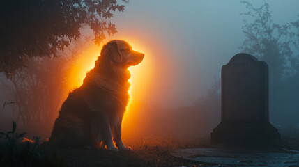 Mysterious canine vigil foggy graveyard haunting imagery eerie atmosphere side view loyalty beyond death