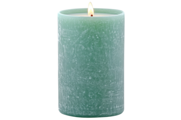 Lit textured candle. Light dances atop a soft green cylindrical wax form in front of a stark, contrasting transparent background