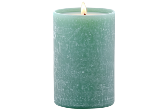 Lit textured candle. Light dances atop a soft green cylindrical wax form in front of a stark, contrasting transparent background
