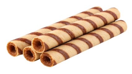 Striped wafer rolls on white background