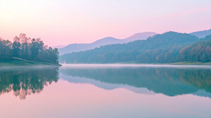 Fototapeta premium Serene morning reflection mountain lake nature photography tranquil environment wide angle view peaceful concept