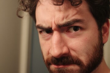 Obraz premium A close-up portrait shows a man with a furrowed brow, displaying an intense and angry expression.