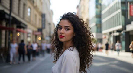 Fototapeta premium Woman with curly hair poses on a city street with blurred background.