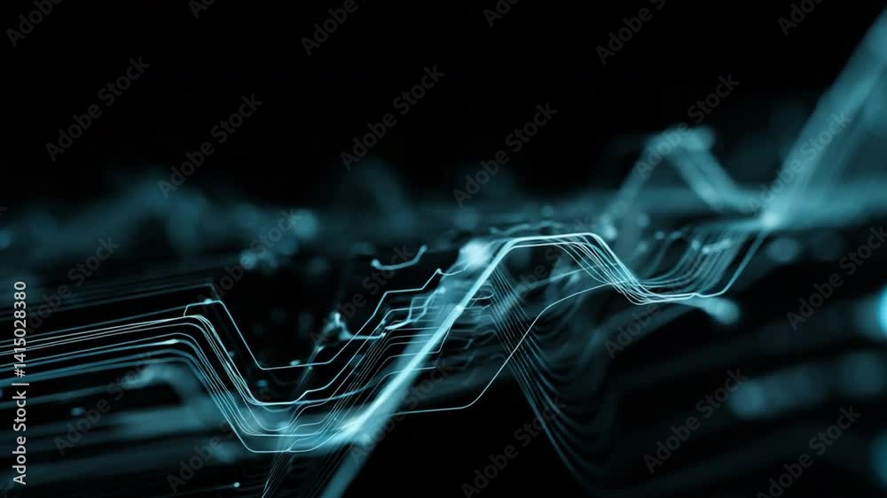 Poster illuminating the data stream: dynamic lines of light weave and pulse against a deep, black backdrop,