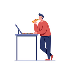 Fototapeta premium Young man eating pizza while standing at a high table with an open laptop in flat style vector illustration