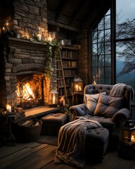 Cozy Cabin Retreat Fireplace, Armchair, and Bookshelves