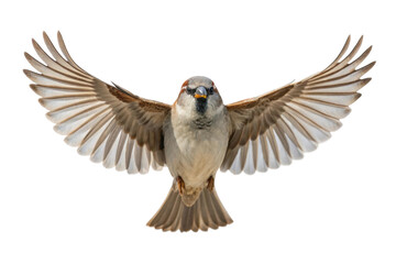 Obraz premium PNG House sparrow in flight with wings fully spread captured mid-air