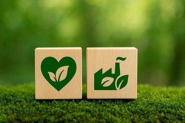 Eco-Friendly Concept with Nature and Industry Icons on Wooden Blocks