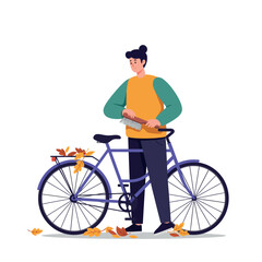 Obraz premium Young woman cleaning autumn leaves off purple bicycle in casual clothes flat style vector illustration