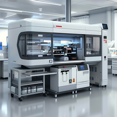 Advanced laboratory automation system machine for scientific research, diagnostics, or pharmaceutical development in a clean, modern lab environment.
