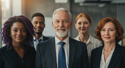 Diverse group of business people smiling indoors in a modern office setting.