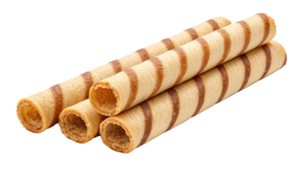 Striped wafer rolls on white background
