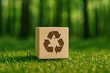 Eco-Friendly Recycling Symbol on Wooden Block in a Green Forest Setting