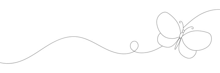 Obraz premium Butterfly in One continuous line drawing. Beautiful flying moth for wellbeing beauty or spa salon logo and divider concept in simple linear style. Editable stroke. Doodle vector&nbsp;illustration&nbsp;.EPS&nbsp;10&nbsp;.