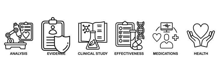 Clinical research icon set vector illustration concept with icon of analysis, evidence, clinical study, effectiveness, medications and health