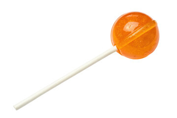 PNG Orange lollipop on white stick with transparent candy surface