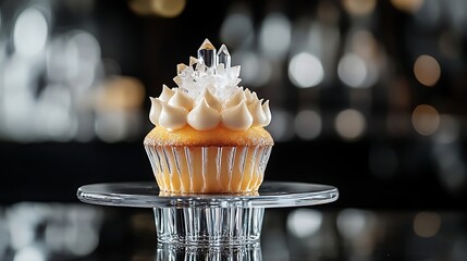 A luxury cupcake with a crystalline topper displayed on a reflective stand 