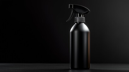 Matte black spray bottle against a dramatic dark background, creating a sleek and luxurious aesthetic. Ideal for premium cosmetics, cleaning, or personal care branding.