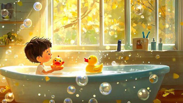 boy taking a bath in the tub with his toy duck