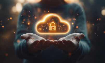 Cybersecurity concept with man holding key icon, data safety in cloud computing.