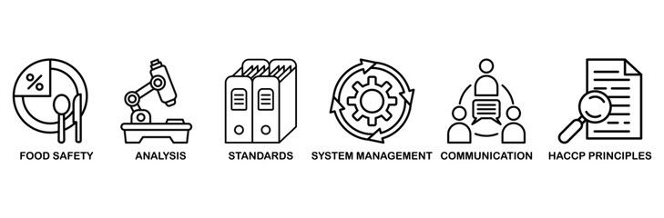 ISO 22000 icon set vector illustration concept for food safety standard with icon of analysis, standards, system management, communication, and haccp principles