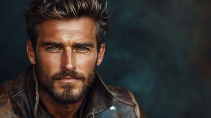 Fototapeta premium A rugged model exudes confidence with his short beard and piercing eyes while wearing a stylish leather jacket, captured in a creative setting that highlights his unique features