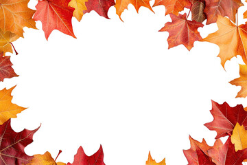 Fototapeta premium Autumn border. Red, orange, and yellow leaves frame a black void. Seasonal colors evoke crispness and change. Warm, nature-inspired