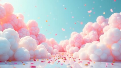 Whimsical pastel cloudscape with scattered confetti, a dreamy and ethereal scene of fluffy formations and vibrant sprinkles on a reflective surface