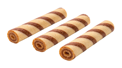 Striped wafer rolls on white background