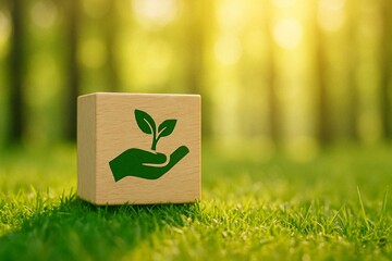 Sustainable Growth Concept: Eco-Friendly Icon on Wooden Block in Green Nature