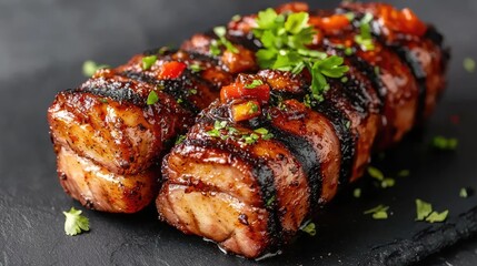 Grilled meat dish close up of savory glazed meat pieces with rich dark brown glaze ideal for food blogs and restaurant menus