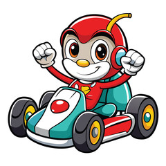 Cartoon character in go-kart, triumphant pose