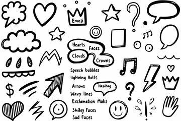 Hand-Drawn Emoji Icons – Black & White Doodle Sketch SVG Collection

