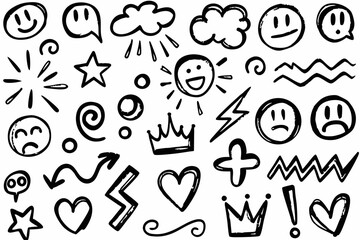 Naklejka premium Hand-Drawn Doodle Emojis – Black & White Sketch SVG Icon Set